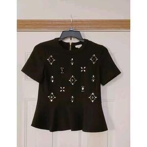 Kate Spade Women's Black Embellished Ruffle Top Poly Blend